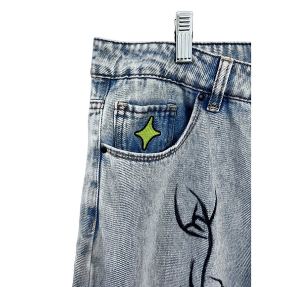 ALAB Skull Rave Jeans Ultra Wide Leg Embroidered Denim Pants Size 10 Y2K Blue - Picture 2 of 8